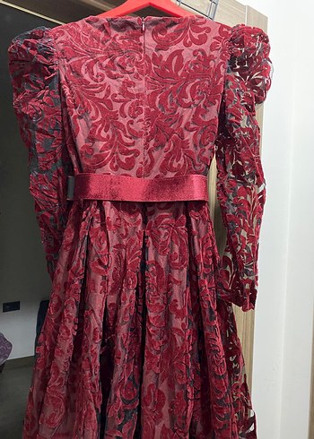 Bordo Uzun Kollu Drapeli Dantelli Abiye Elbise - Görsel 2