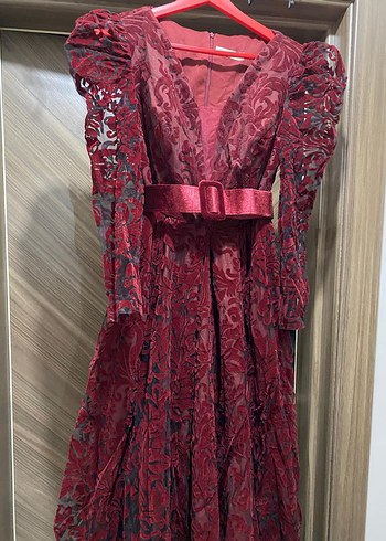 Bordo Uzun Kollu Drapeli Dantelli Abiye Elbise - Görsel 6