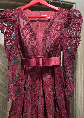 Bordo Uzun Kollu Drapeli Dantelli Abiye Elbise - Görsel 8