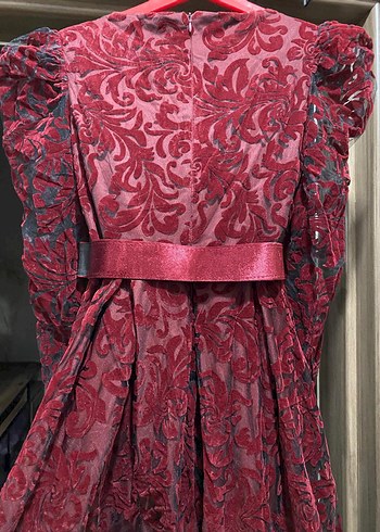 Bordo Uzun Kollu Drapeli Dantelli Abiye Elbise - Görsel 3