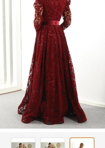 Bordo Uzun Kollu Drapeli Dantelli Abiye Elbise - Görsel 9