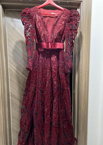 Bordo Uzun Kollu Drapeli Dantelli Abiye Elbise - Görsel 5