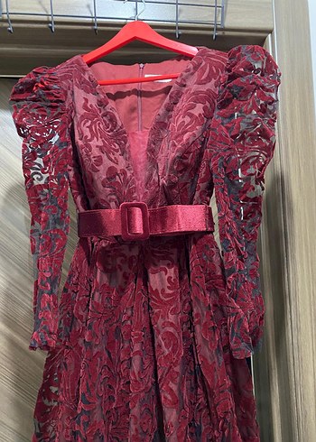 Bordo Uzun Kollu Drapeli Dantelli Abiye Elbise - Görsel 7