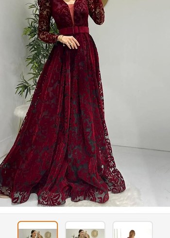 Bordo Uzun Kollu Drapeli Dantelli Abiye Elbise - Görsel 10