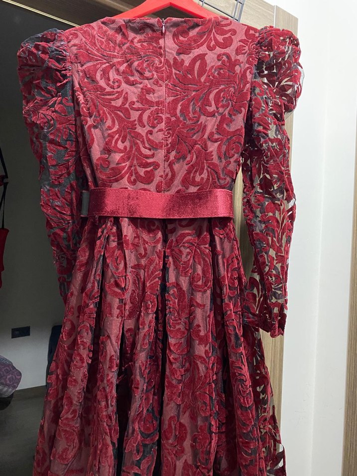 Bordo Uzun Kollu Drapeli Dantelli Abiye Elbise - Görsel 2