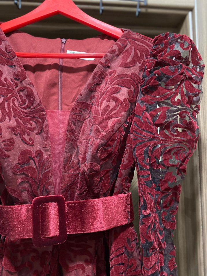 Bordo Uzun Kollu Drapeli Dantelli Abiye Elbise - Görsel 4