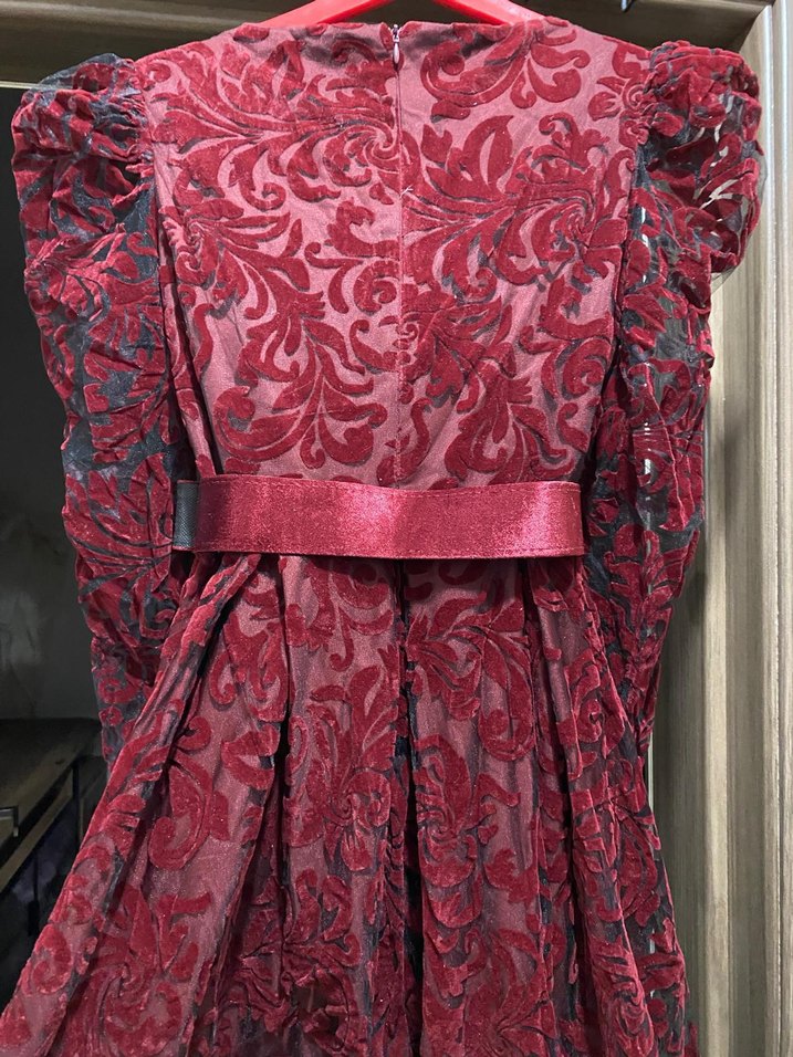 Bordo Uzun Kollu Drapeli Dantelli Abiye Elbise - Görsel 3