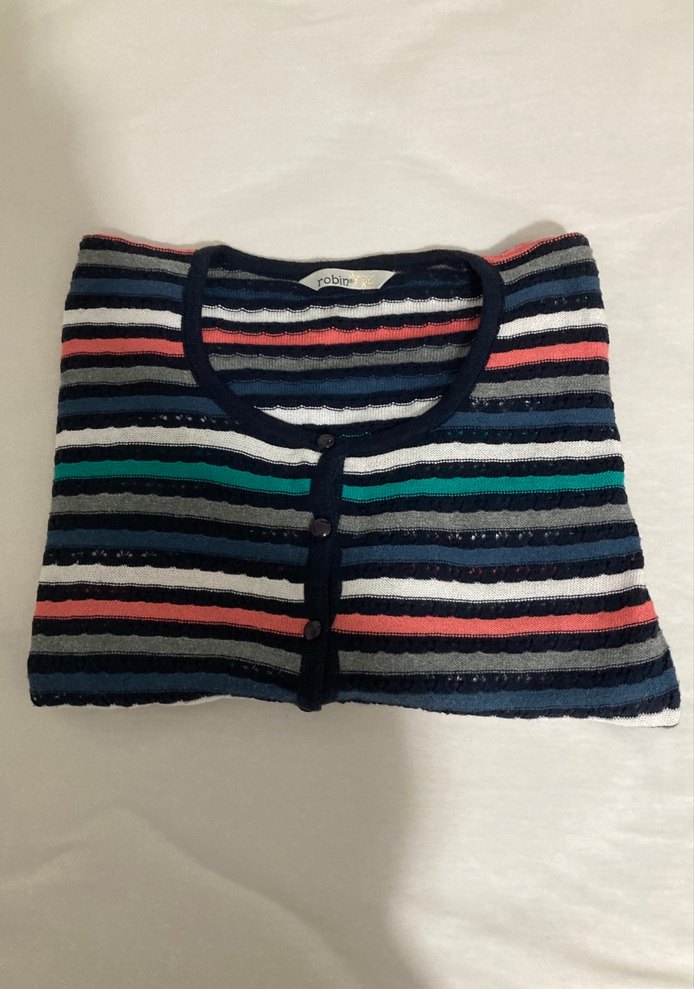 Çizgili İnce Triko Yuvarlak Yaka Hırka - Görsel 4