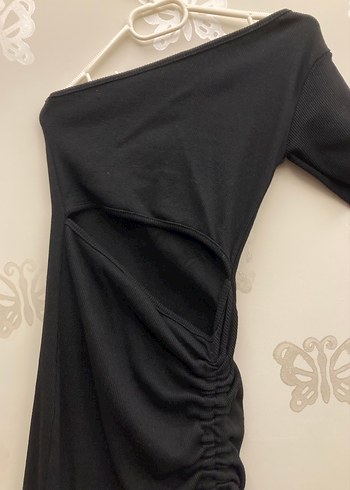 Drapeli Siyah Tek Omuz Kadın Midi Ribana Elbise - Görsel 3