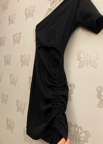 Drapeli Siyah Tek Omuz Kadın Midi Ribana Elbise - Görsel 2