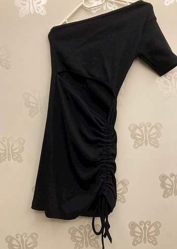 Drapeli Siyah Tek Omuz Kadın Midi Ribana Elbise - Görsel 4