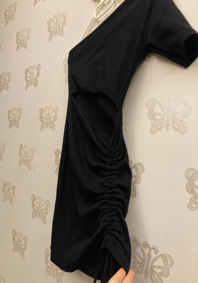 Drapeli Siyah Tek Omuz Kadın Midi Ribana Elbise - Görsel 2