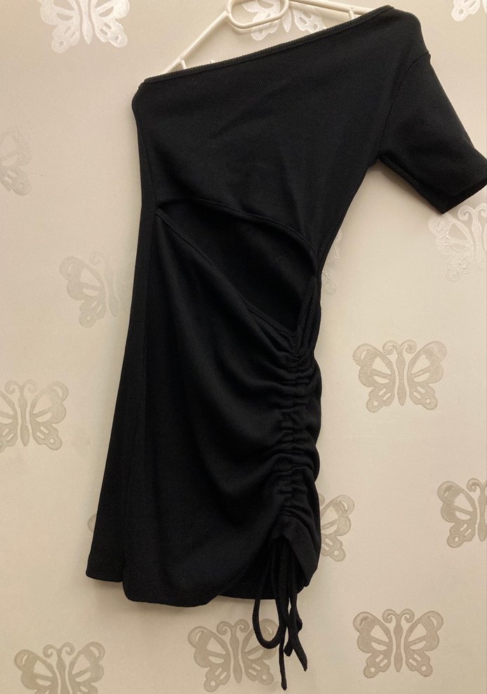 Drapeli Siyah Tek Omuz Kadın Midi Ribana Elbise - Görsel 4