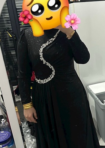 Diğer Boncuk İşlemeli Siyah Uzun Kollu Uzun abiye