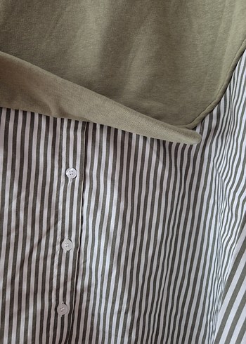 Diğer Düğmeli Çizgili Gri-Haki Kadın Sweatshirt