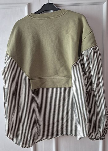 xl Beden haki Renk Düğmeli Çizgili Gri-Haki Kadın Sweatshirt