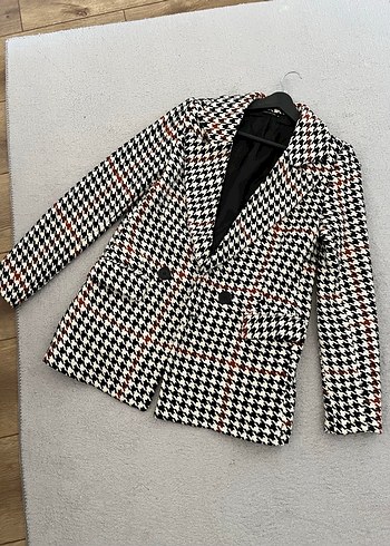 Kadın Mini Düğmeli Siyah Beyaz ekose Blazer