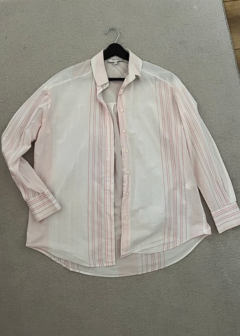 Pembe Düğmeli Uzun Kollu Keten Gömlek