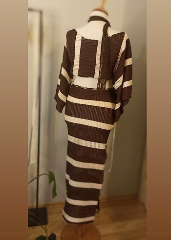 Çizgili Kahverengi Kadın Triko plaj takim - Görsel 2