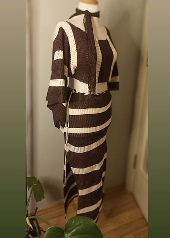 Çizgili Kahverengi Kadın Triko plaj takim - Görsel 4