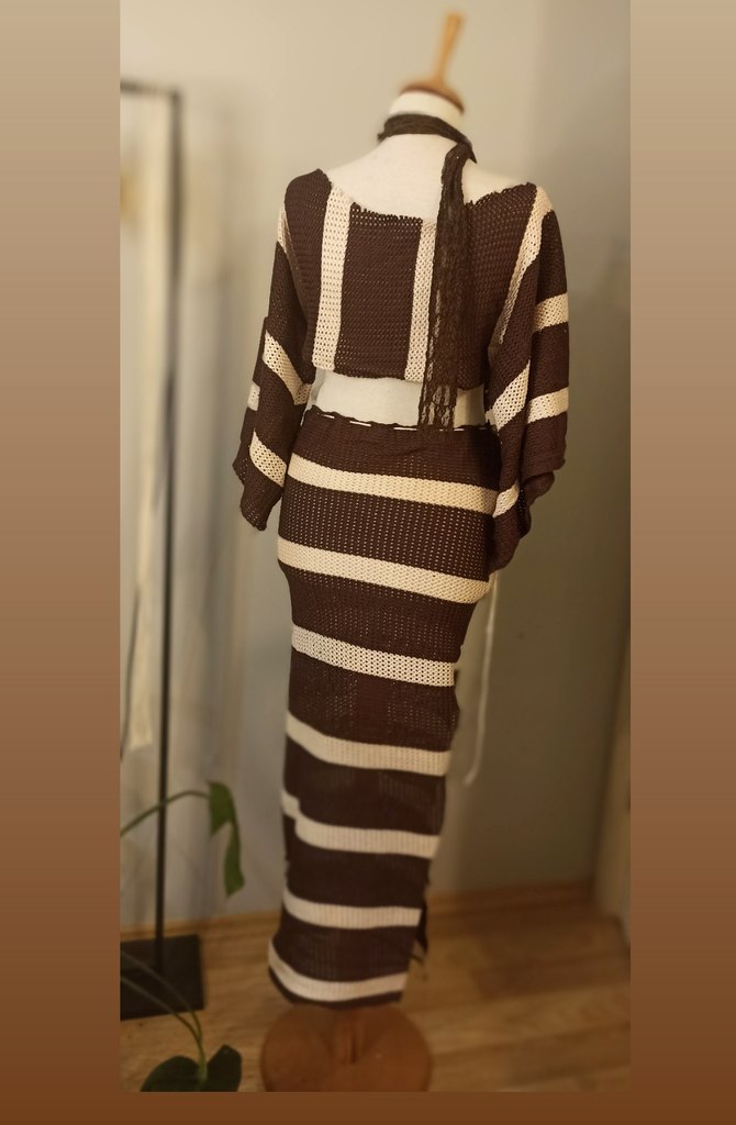 Çizgili Kahverengi Kadın Triko plaj takim - Görsel 2