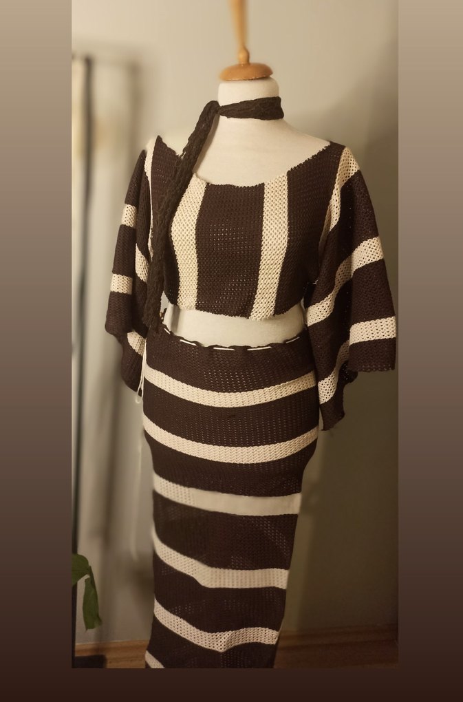 Çizgili Kahverengi Kadın Triko plaj takim - Görsel 3