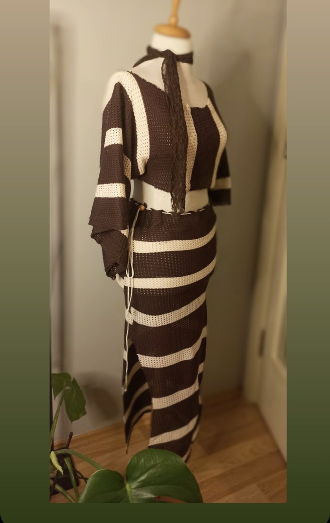 Çizgili Kahverengi Kadın Triko plaj takim - Görsel 4