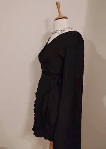 Kruvaze Siyah V Yaka Mini Triko Elbise - Görsel 2