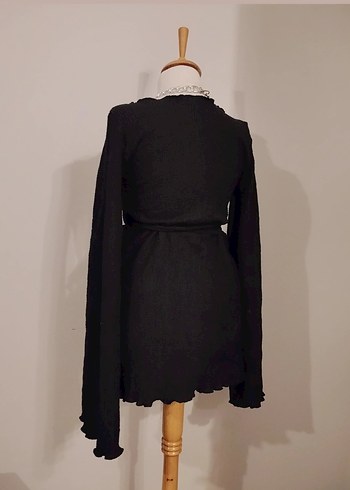 Kruvaze Siyah V Yaka Mini Triko Elbise - Görsel 3