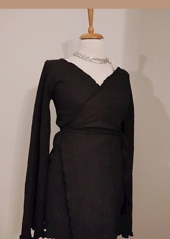 Kruvaze Siyah V Yaka Mini Triko Elbise - Görsel 4