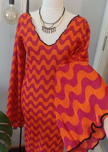 Turuncu Örgü Bohem Uzun Plaj Elbise - Görsel 4