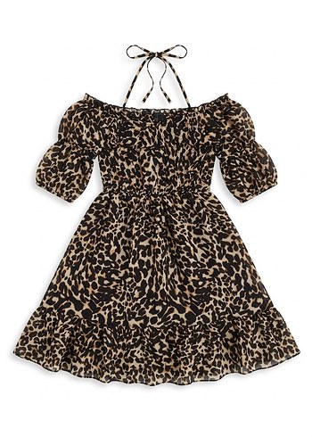 BSL FASHION Leopar Desenli Omzu Acik Mini Elbise