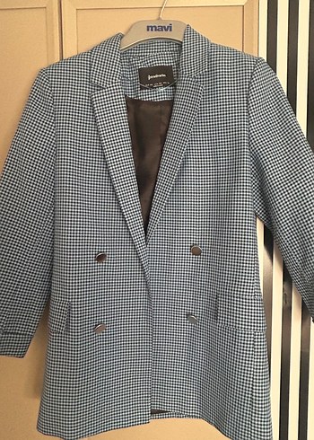 Stradivarius Kadın Mavi Ekose Düğmeli Blazer Ceket