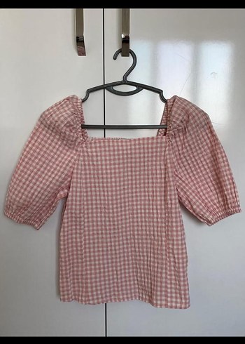 Pembe Kareli Pamuklu Kısa Kollu Bluz
