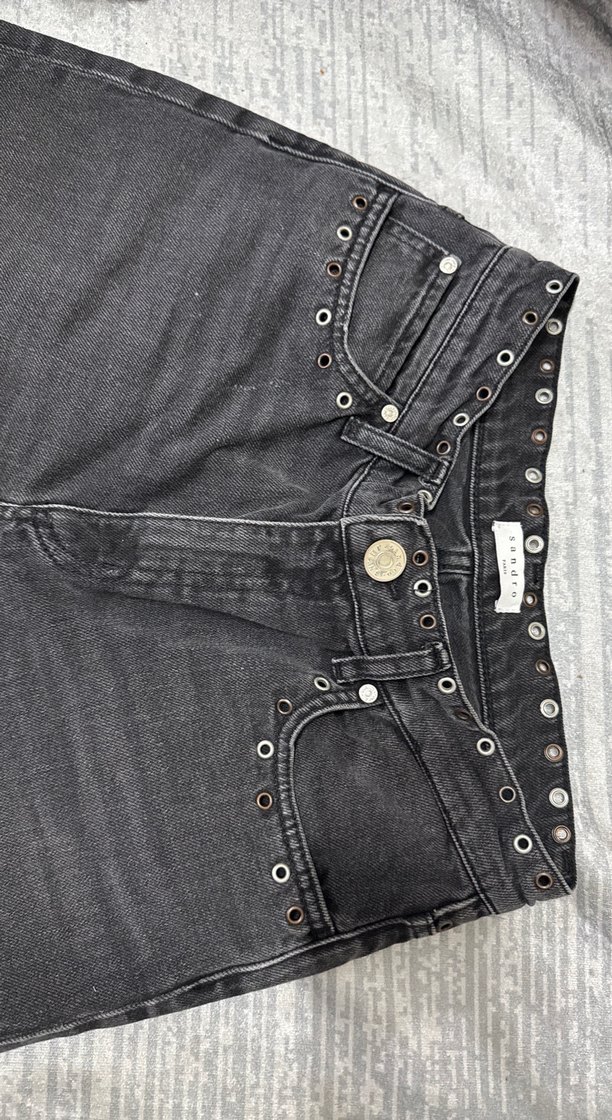 Orijinal Sandro Gri Düğmeli Nakışlı Kadın Kot Pantolon - Görsel 2