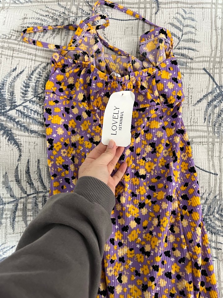 Kadın Mor Çiçekli Uzun Kollu Elbise - Görsel 3