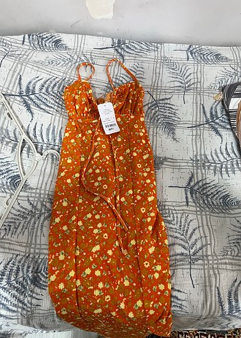 Turuncu Çiçekli Uzun Bohem Elbise - Görsel 3