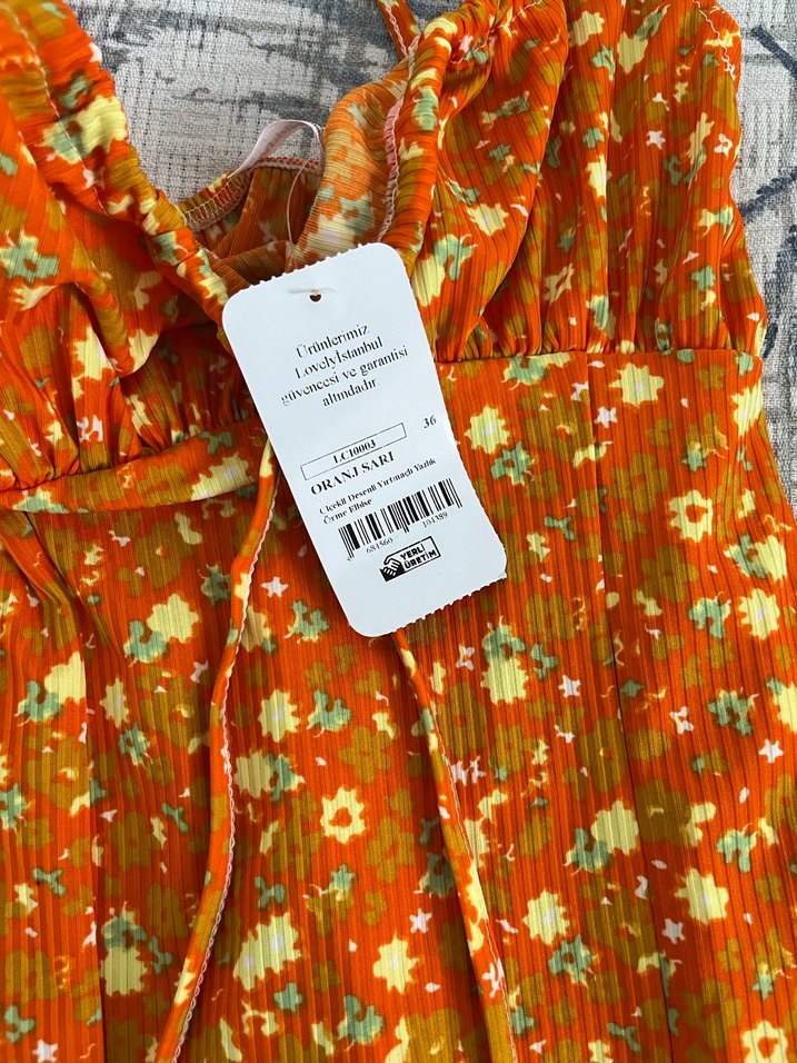 Turuncu Çiçekli Uzun Bohem Elbise - Görsel 2