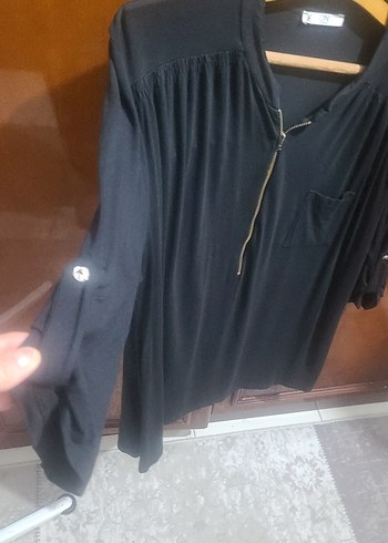 Siyah, V Yakalı, Fermuarlı Kadın Bluz - Görsel 2