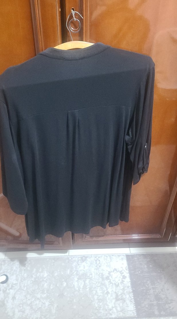 Siyah, V Yakalı, Fermuarlı Kadın Bluz - Görsel 3