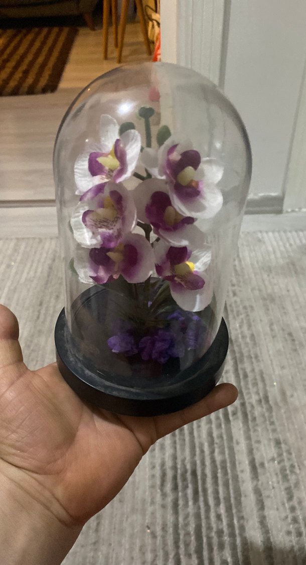 Mor Çiçekli Cam Fanus Dekorasyonu - Görsel 3