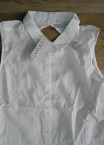 Düğmeli Kolsuz beyaz Keten Gömlek - Görsel 5