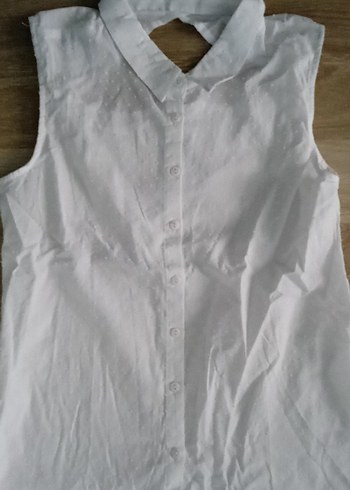 Düğmeli Kolsuz beyaz Keten Gömlek - Görsel 2