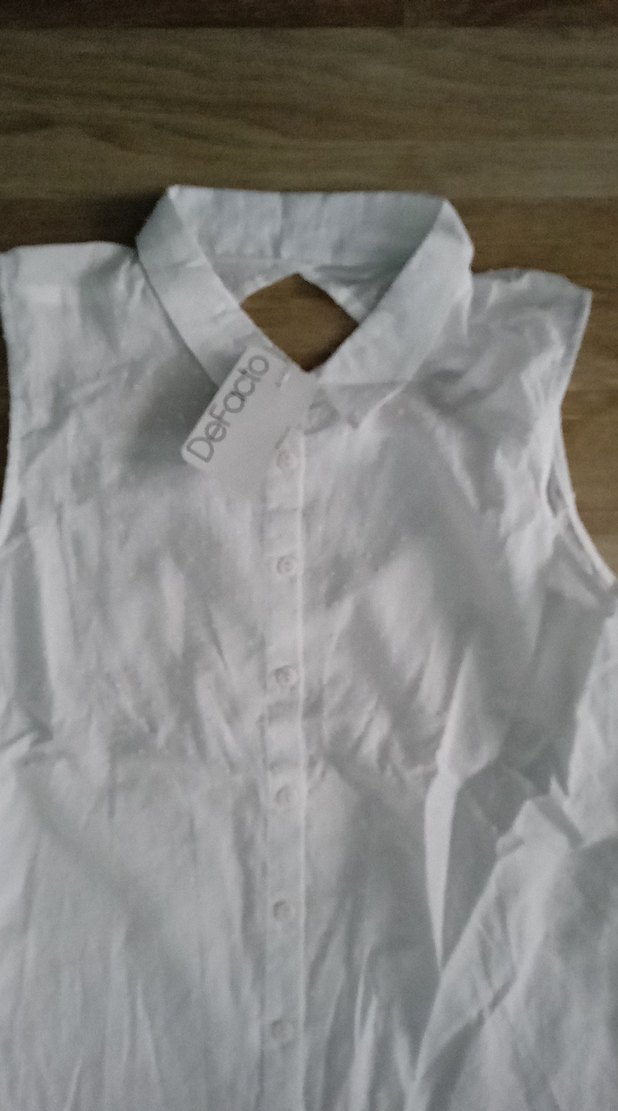 Düğmeli Kolsuz beyaz Keten Gömlek - Görsel 5