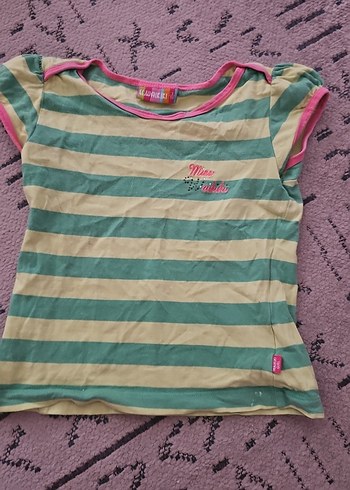 Kız Çocuk Yeşil Çizgili Kısa Kollu Tişört - Görsel 2