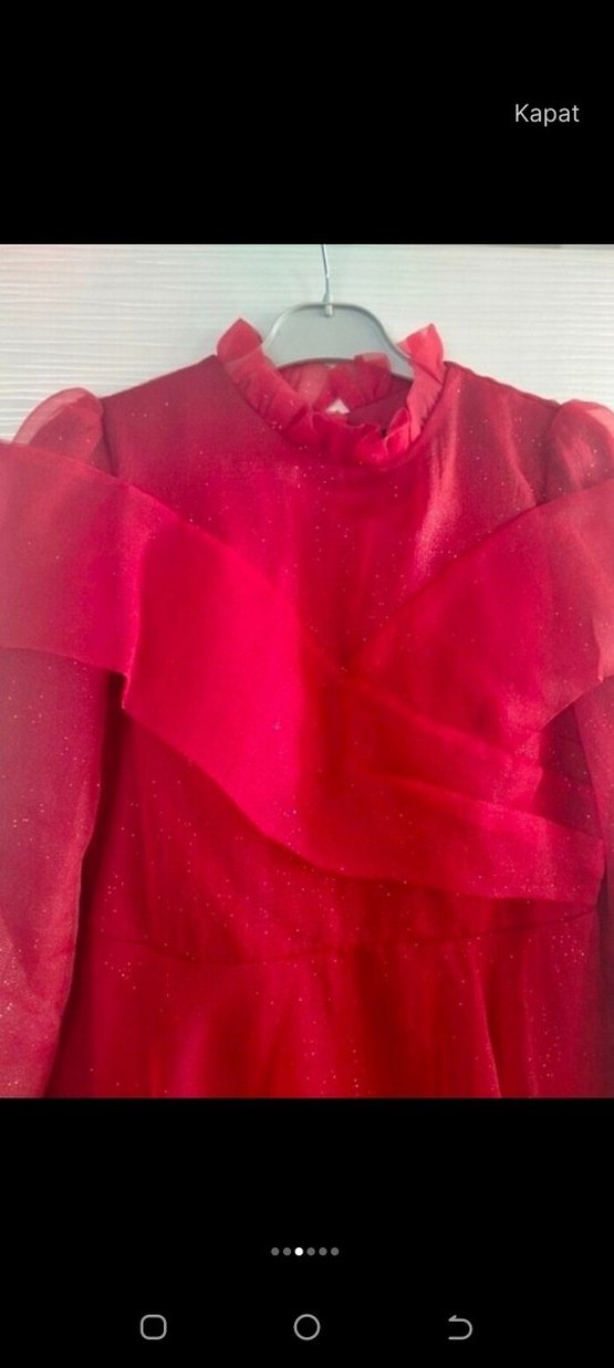 Uzun Kollu Klasik Kırmızı Vintage Abiye - Görsel 4