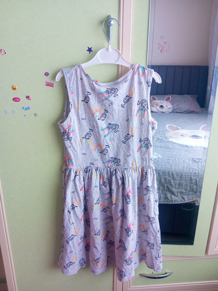 Kız Çocuk Gri Pamuklu Baskılı Elbise - Görsel 3