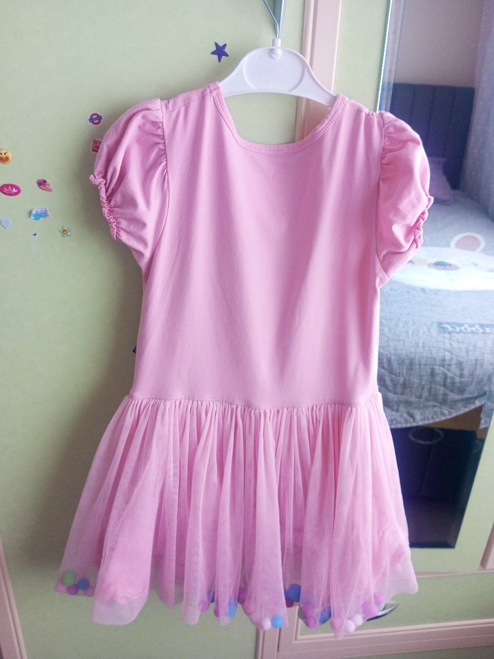 Pembe Kız Çocuk Tül Detaylı Elbise - Görsel 3