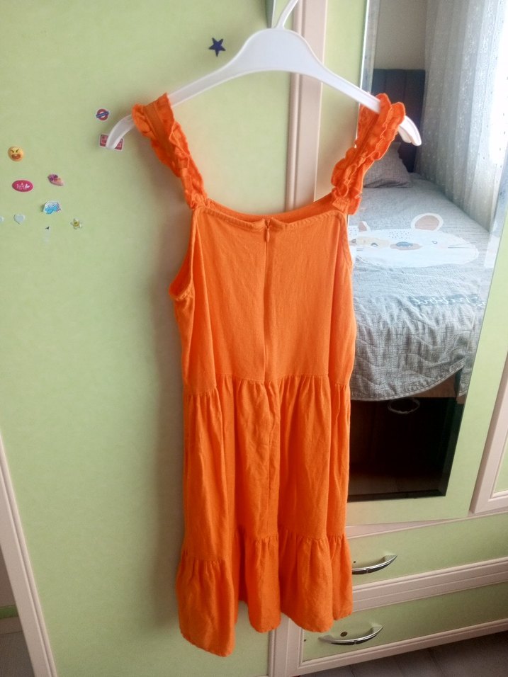 Kız Çocuk Turuncu Keten Volanlı Elbise - Görsel 2