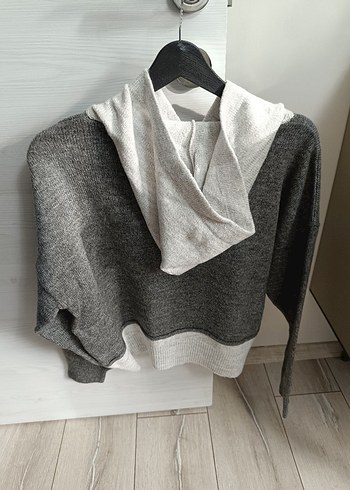 Gri Kapüşonlu Örgü Kadın Sweatshirt - Görsel 2